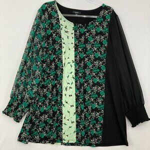 Alfani XL Black Green Floral Patchwork Stretch Knit Sheer Sleeve Pullover Blouse